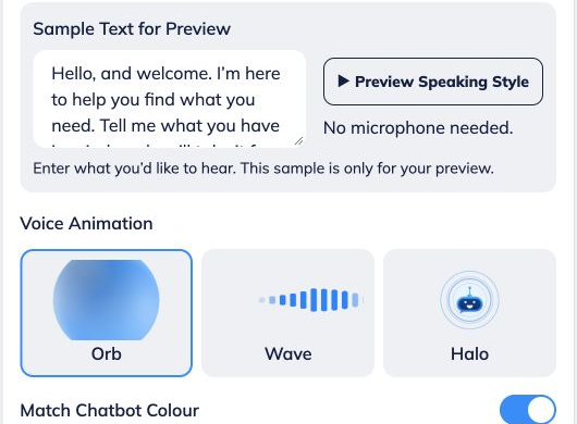 Enter **Sample Text for Preview**, then select **Preview Speaking Style** to hear the delivery.
 
No microphone is needed. This sample is only for the preview and does not replace your welcome message. Preview playback uses message credits at the voice rate.