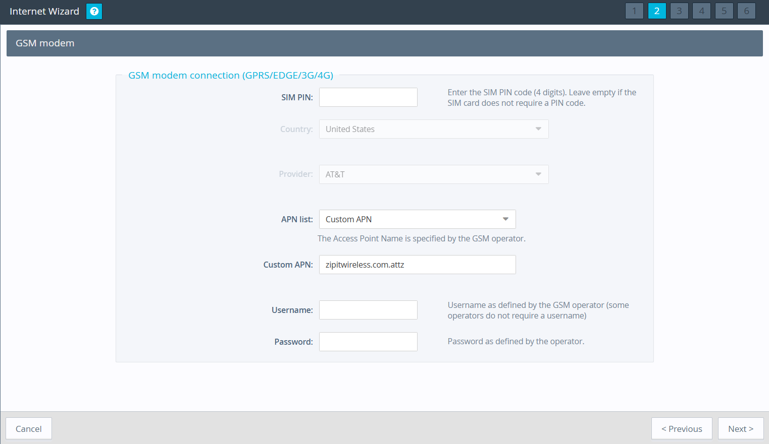 In step 2 of the internet wizard, you will need to input your cellular provider's information.