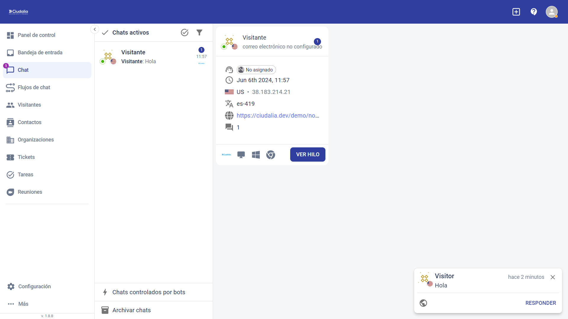 Se podrán visualizar todos los chats actuales. Haz click en **VER HILO**