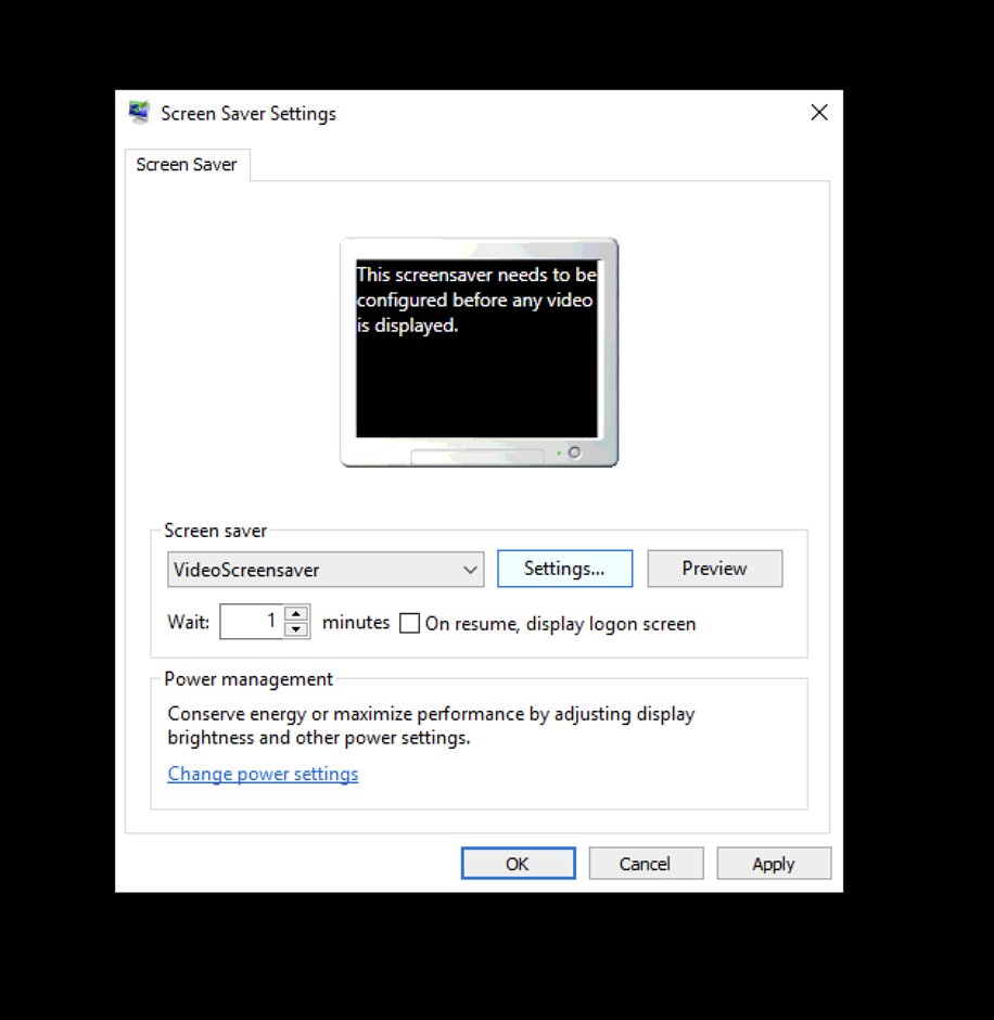 ## Click Settings after selecting Screen Saver as "VideoScreensaver"