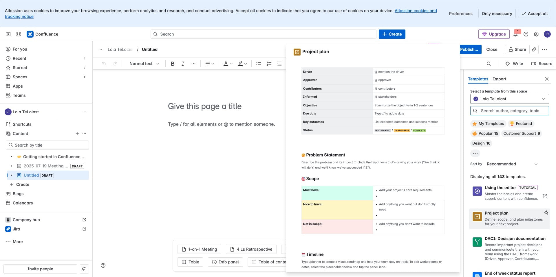 An example of a project plan is shown when the option is hovered on, click on it to apply to Page