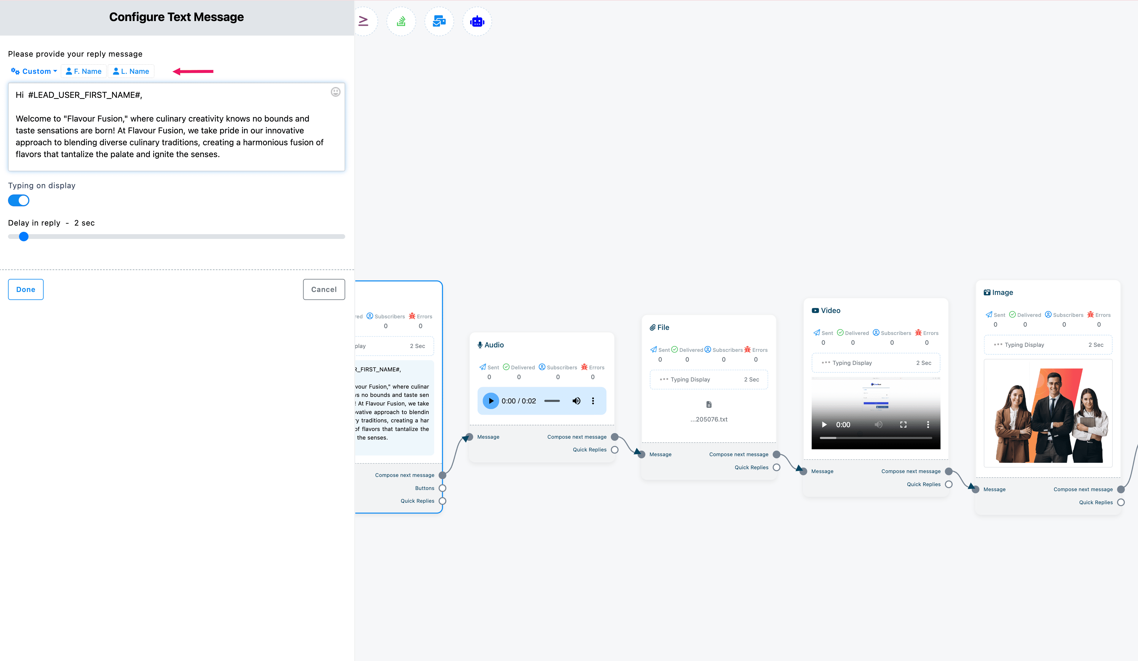 Besides, you can include custom variables in the reply message. Click on the button called custom and a drop-down menu of different variables will appear. And from the drop-down menu, select a variable. The custom variable will be replaced by the actual value before sending it.