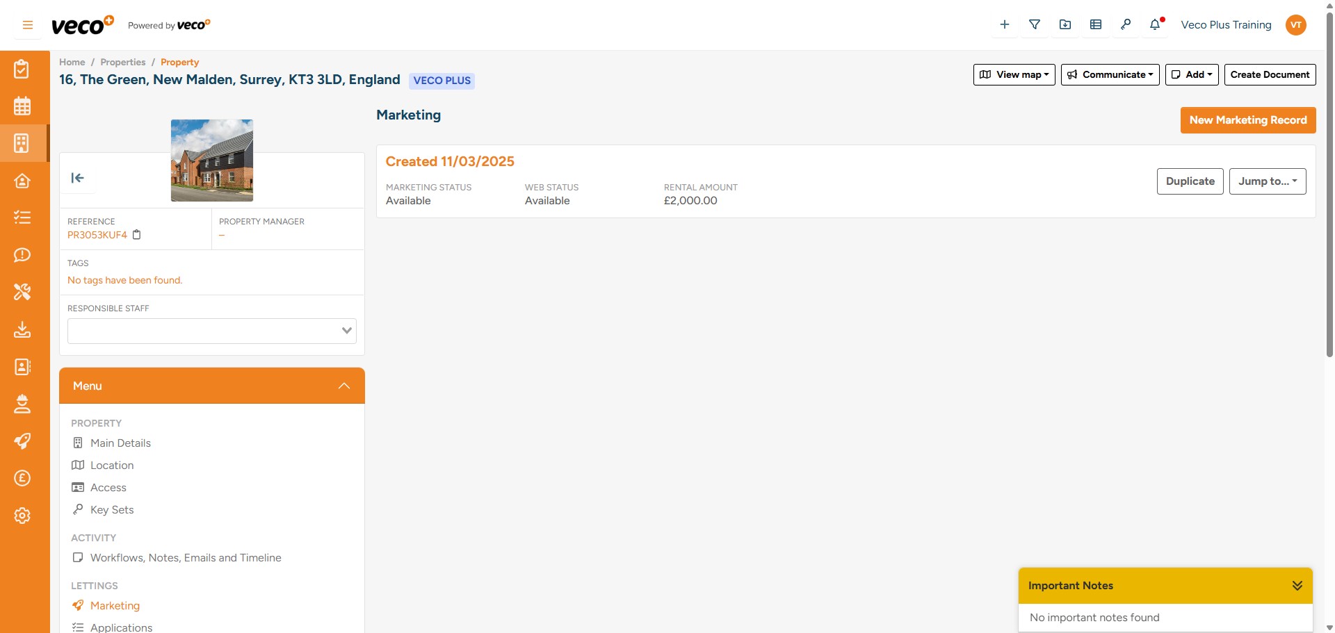 The history of all marketing records will be displayed within the property. If you were to re-market the property, you can use the ‘Duplicate’ button, which will copy the previous marketing record. You can then amend the data accordingly. For a new marketing record, select 'New Marketing Record'
