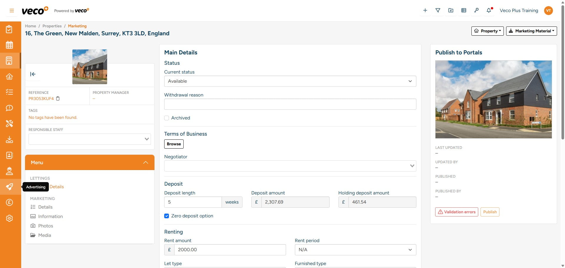 If your property has not successfully been published online, there may be an error message. This can be viewed on the ‘Advertising’ button on the navigation bar