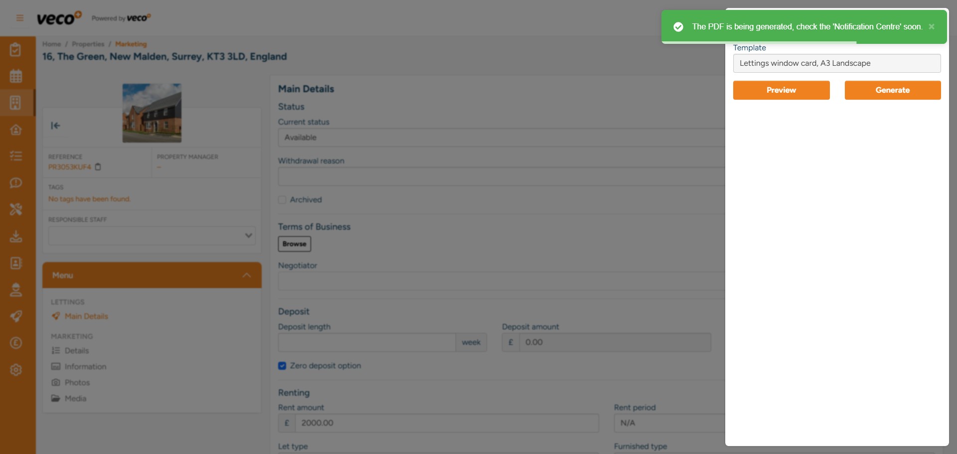 When you select 'Generate' you will see the below, and once the pdf has been created, you will be notified in the notification centre 