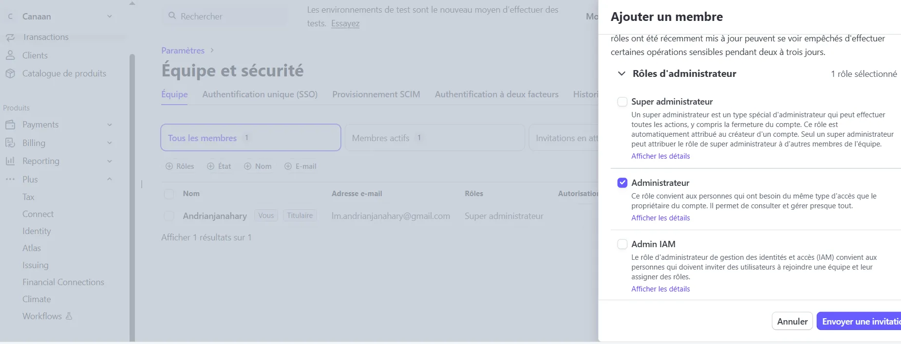 Sélectionnez le rôle du membre de l'équipe. Les rôles déterminent les autorisations associées au compte pour le membre d'équipe
ex: admin