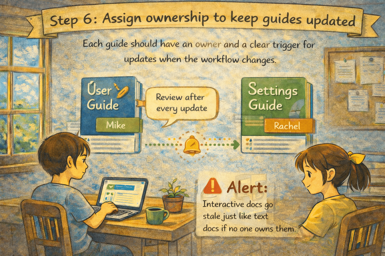 ## Assign ownership to keep guides updated
Each guide should have an owner and a clear trigger for updates when the workflow changes.
&nbsp;
*Alert: Interactive docs go stale just like text docs if no one owns them.*
