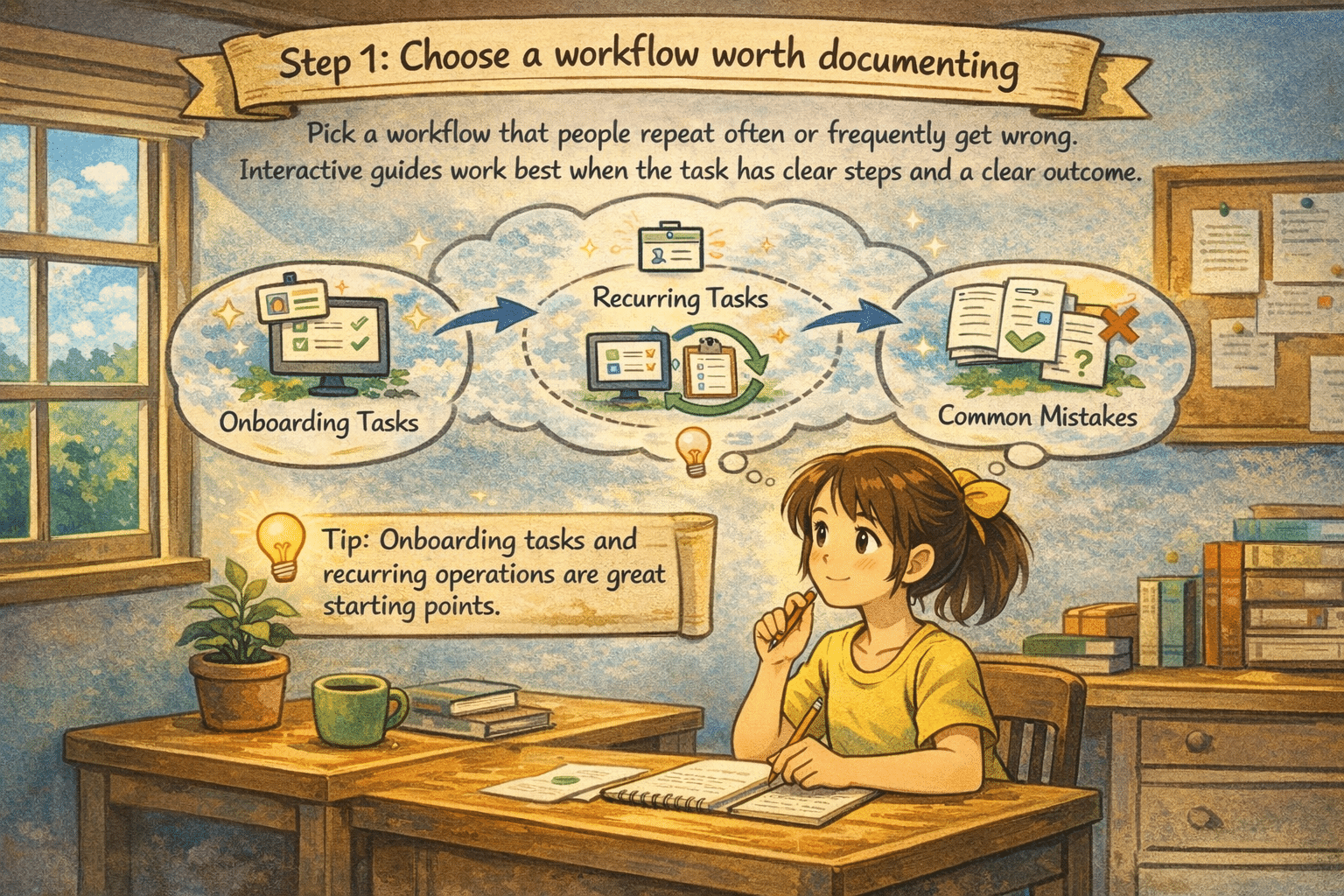 ## Choose a workflow worth documenting
Pick a workflow that people repeat often or frequently get wrong. Interactive guides work best when the task has clear steps and a clear outcome.
&nbsp;
*Onboarding tasks and recurring operations are great starting points.*
