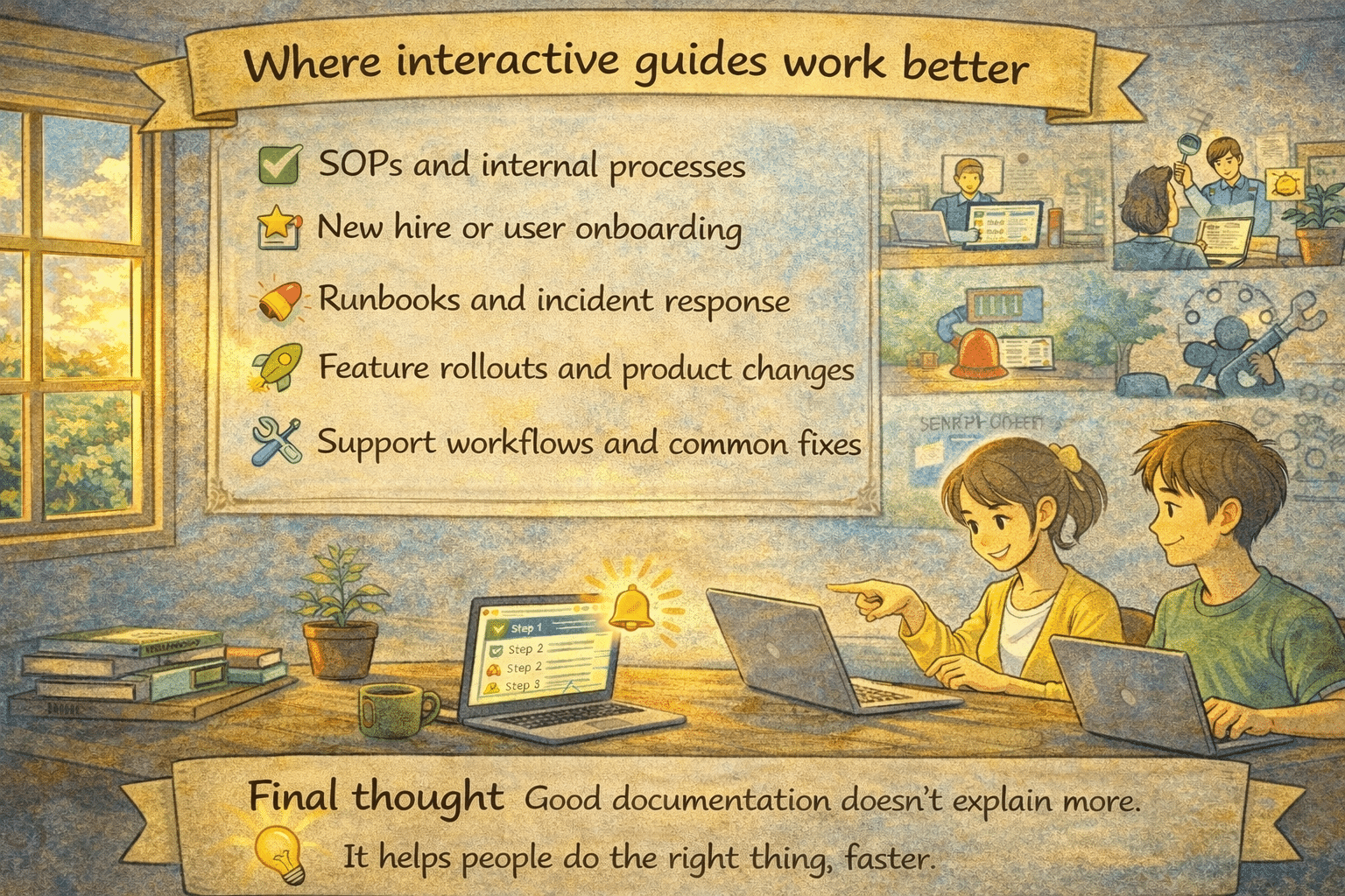 ## Where interactive guides work better
&nbsp;
- SOPs and internal processes 
- New hire or user onboarding 
- Runbooks and incident response 
- Feature rollouts and product changes 
- Support workflows and common fixes 
