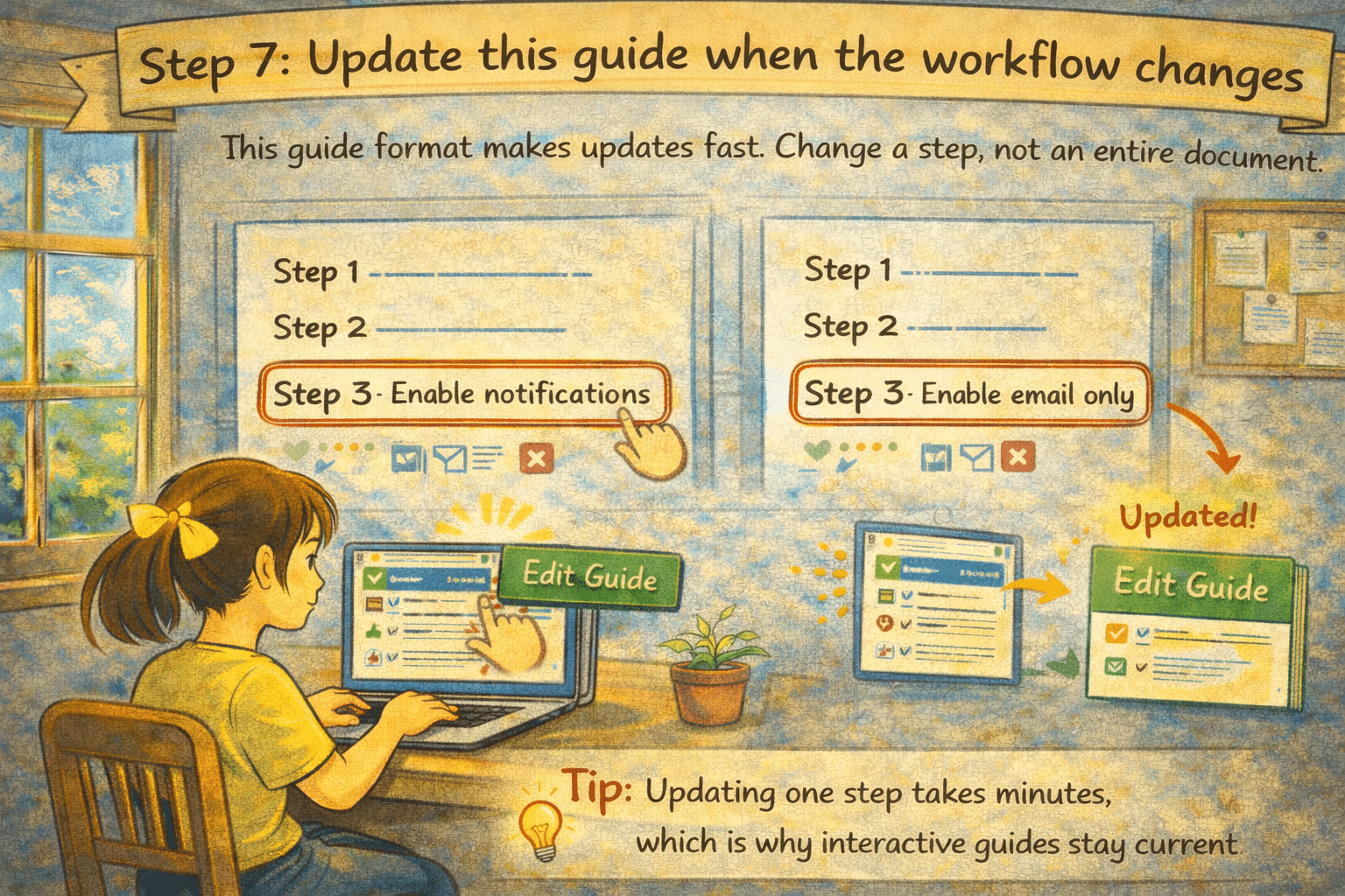 ## Update this guide when the workflow changes
This guide format makes updates fast. Change a step, not an entire document.
&nbsp;
*Tip: Updating one step takes minutes, which is why interactive guides stay current.*
&nbsp;

