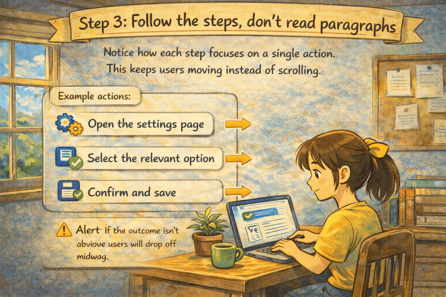 ## Follow actions, not explanations
Notice how each step focuses on a single action. This keeps users moving instead of scrolling.
&nbsp;
*For eg*: Open the settings page, Select the relevant option, Confirm and save.
