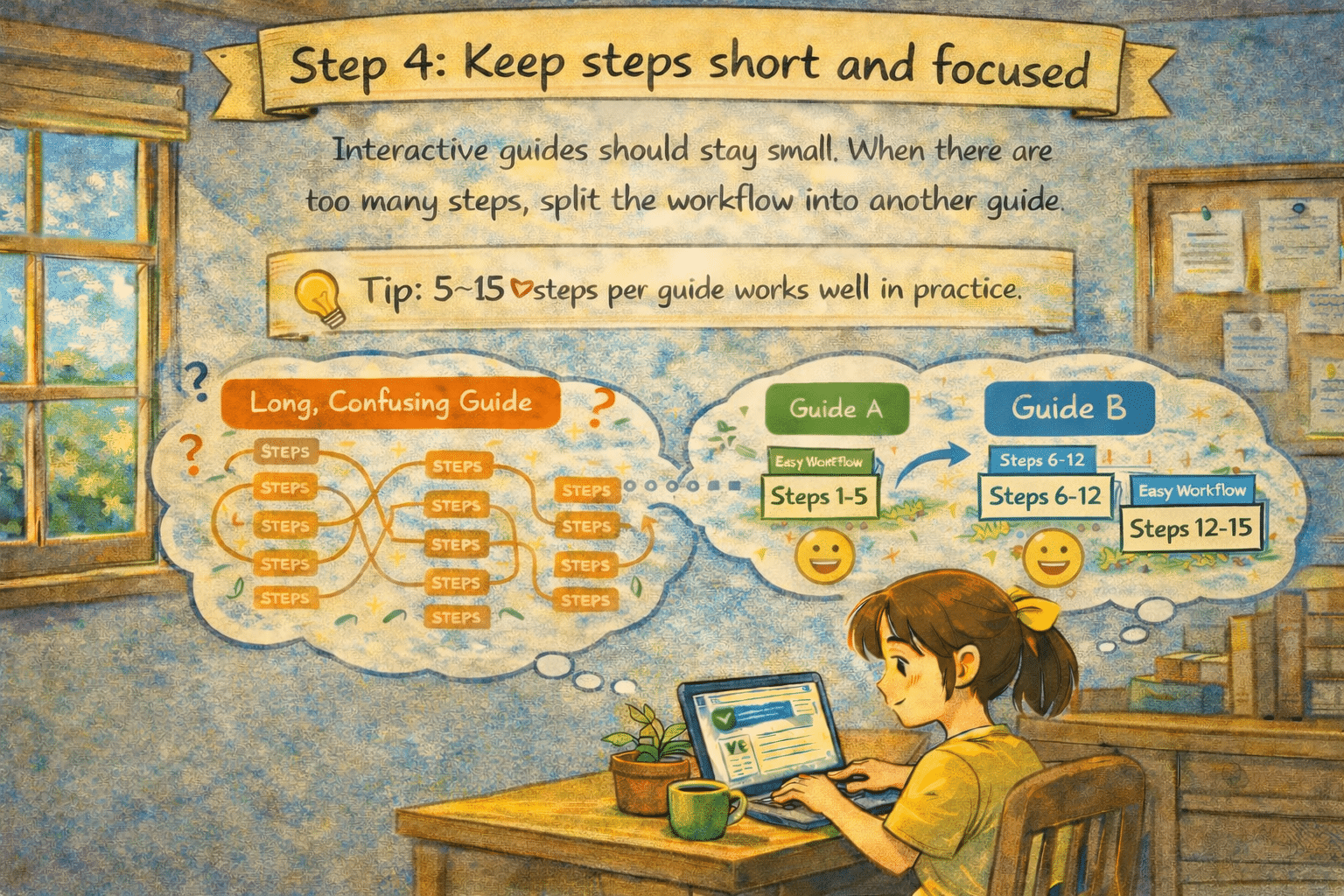 ## Keep steps short and focused
Interactive guides should stay small. When there are too many steps, split the workflow into another guide.
&nbsp;
*Tip: 5–15 steps per guide works well in practice.*
