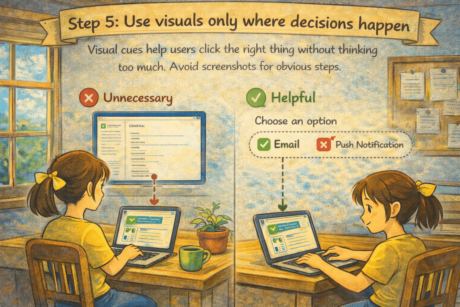 ## Use visuals only where decisions happen
Visual cues help users click the right thing without thinking too much. Avoid screenshots for obvious steps.
