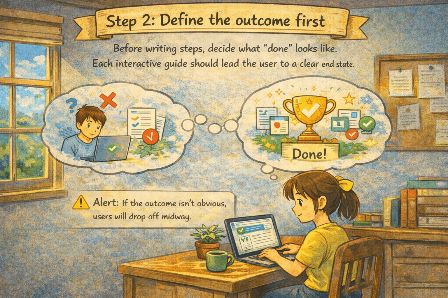 ## Define the outcome first
Before writing steps, decide what “done” looks like. Each interactive guide should lead the user to a clear end state
&nbsp;
*If the outcome isn’t obvious, users will drop off midway.*
