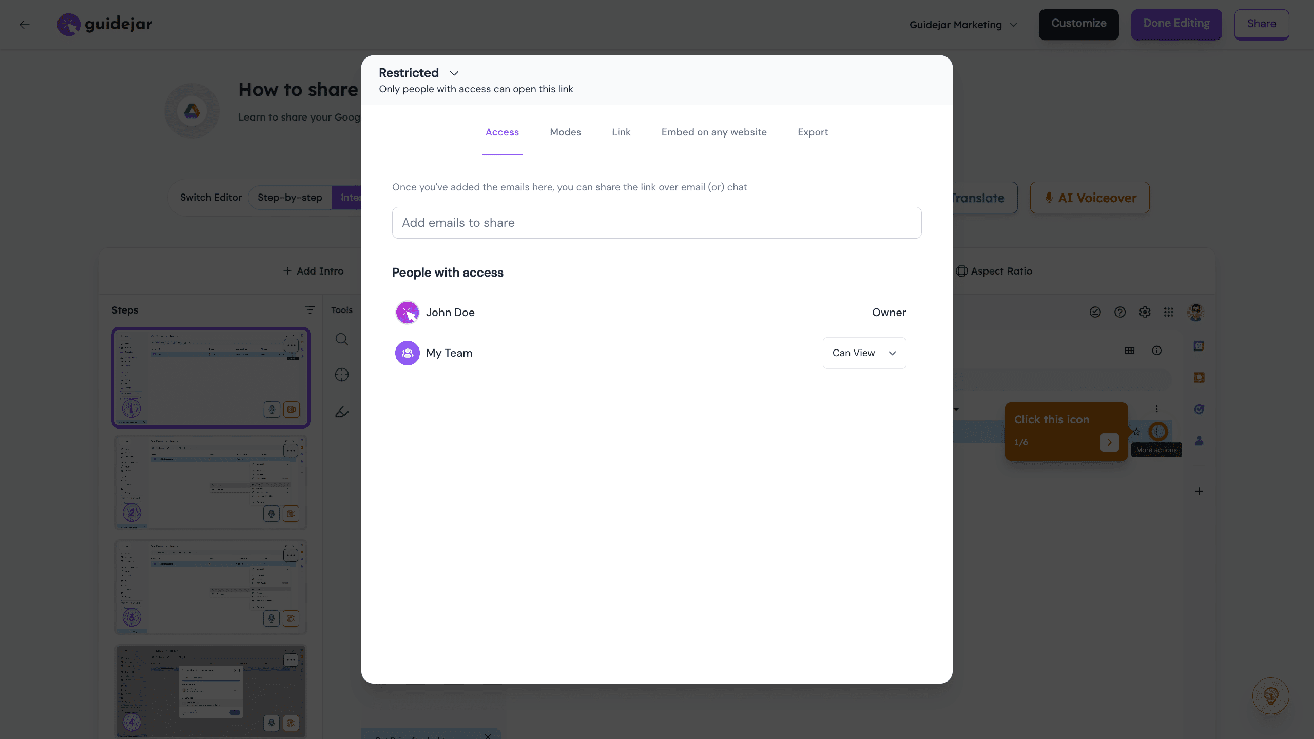 You can either make the guides public to everyone or you can share it to your team or individual users by adding their emails here