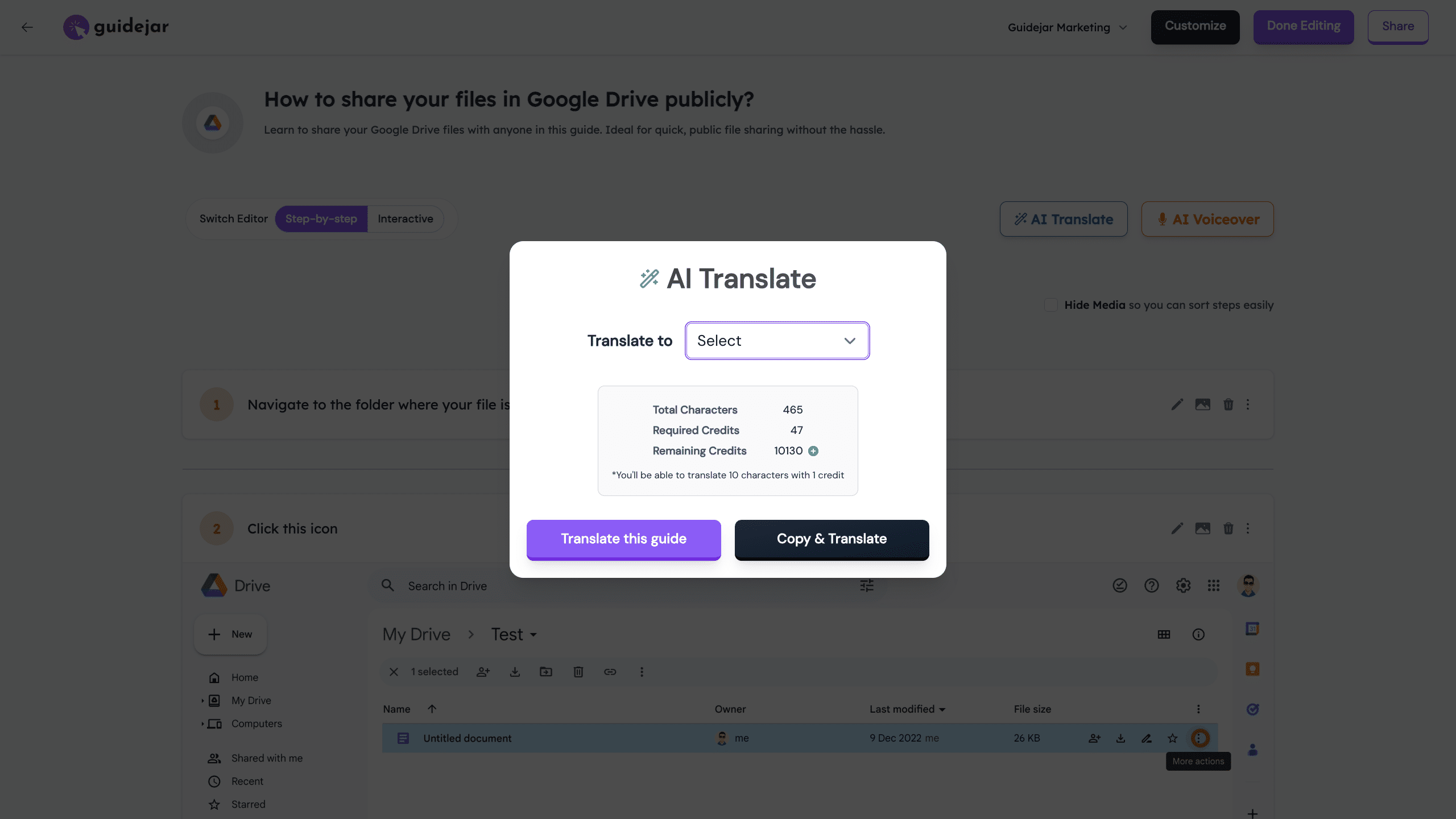 With 'AI Translate', you can instantly translate your guides to 30+ languages to cater to your global audience