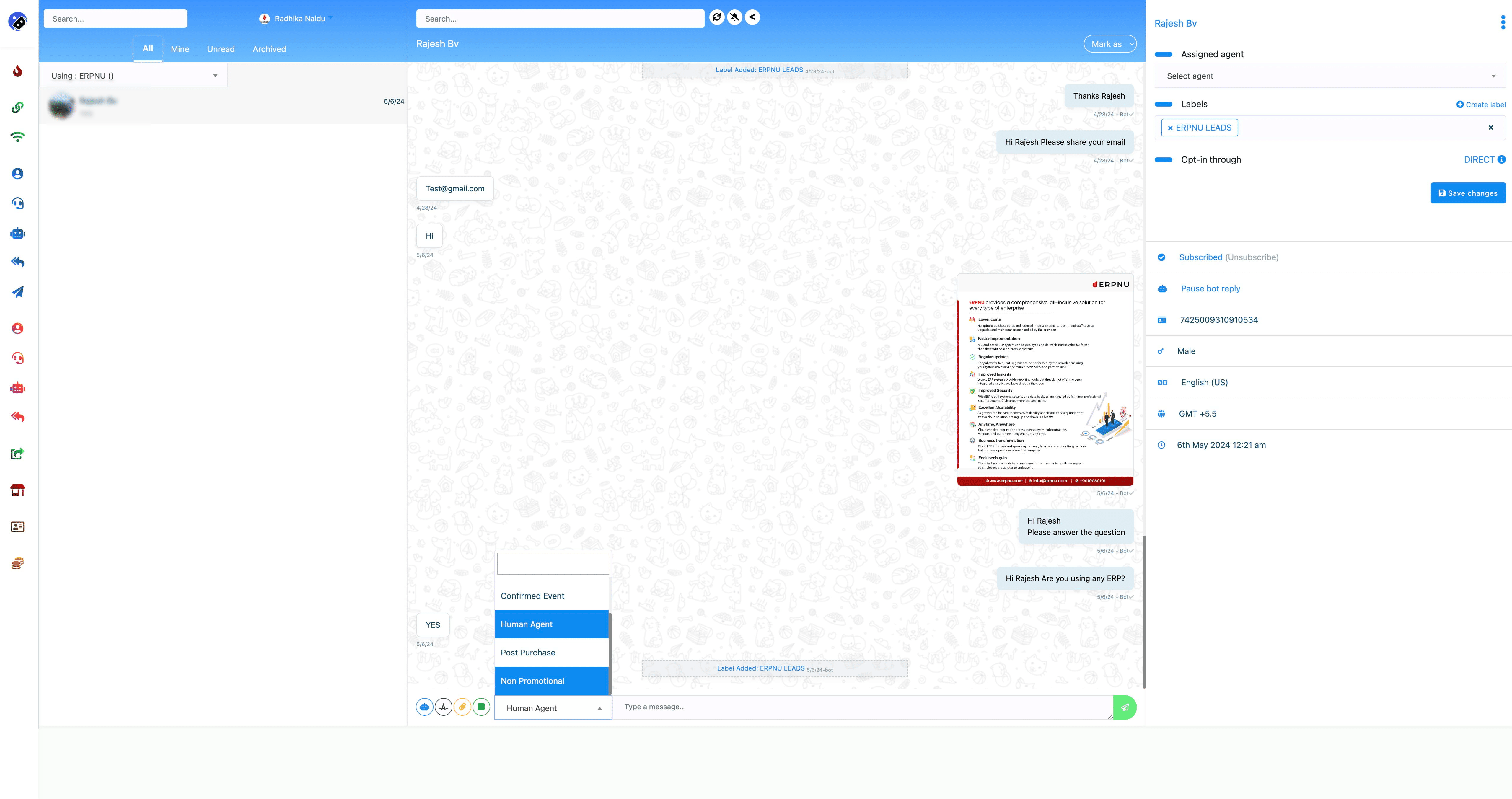 ## The messaging window is for directly chatting with users.


In the message tag field, you have to select a message tag. Click on the message tag field and instantly will appear a drop-down menu of different message tags such as Human agent, Account update, Confirmed Event, Post purchase Update, Non-promotional(NP registered only). If you select the human agent message tag, you have to reply to the message from users within 24 hours, otherwise, you will get an error. In this case, you have to use other message tags. 