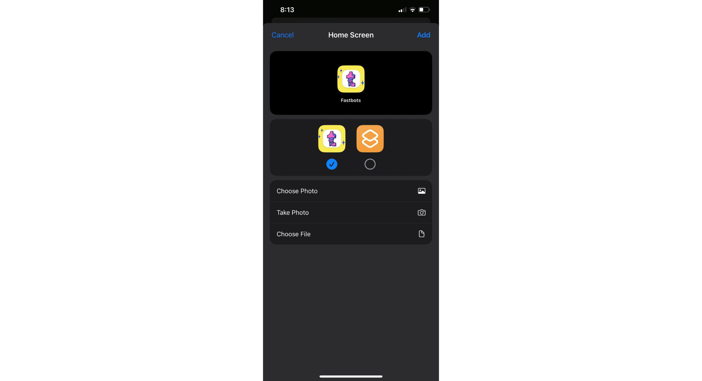 After uploading the picture, click on "Add" to save the shortcut.