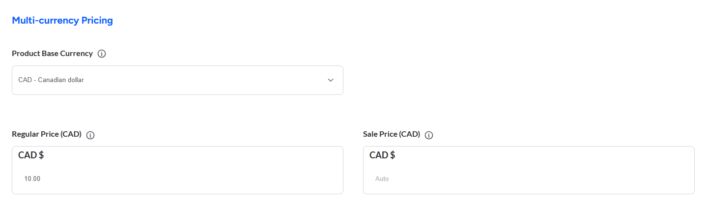 When adding or editing a product, you'll see a **Multi-currency Pricing** section right below the standard **Regular Price (USD $)** and **Sale Price (USD $)** fields.