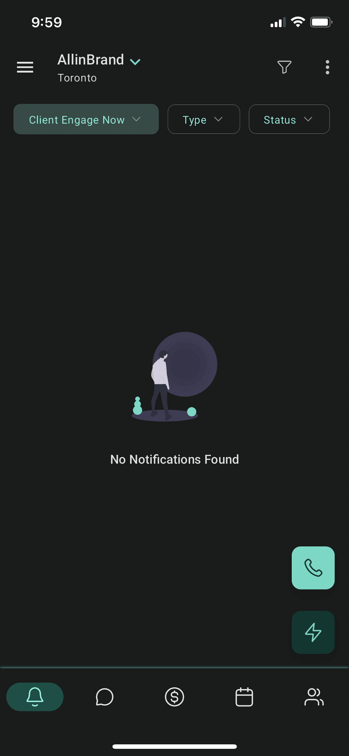 The first screen loaded into will be your notifications dashboard. This is where you can see any new unread notifications (New SMS messages, new Google Reviews, new social media messages/comments...)