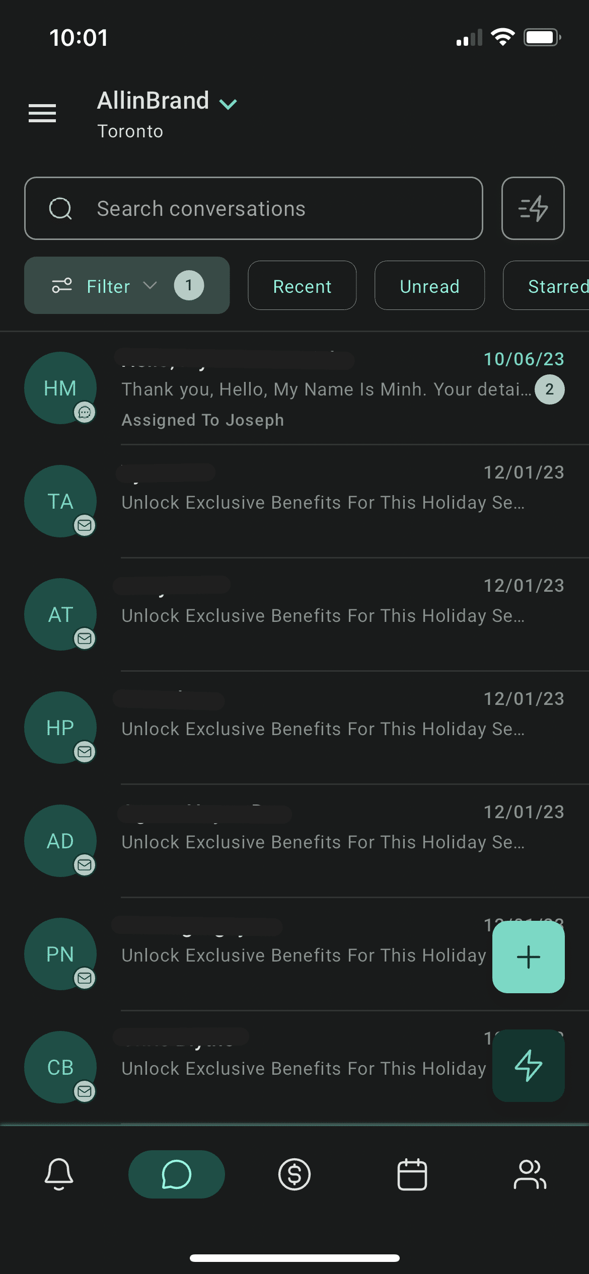 Click on the chat bubble icon at the bottom to view all of your active conversations. This is where new and old leads can be contacted