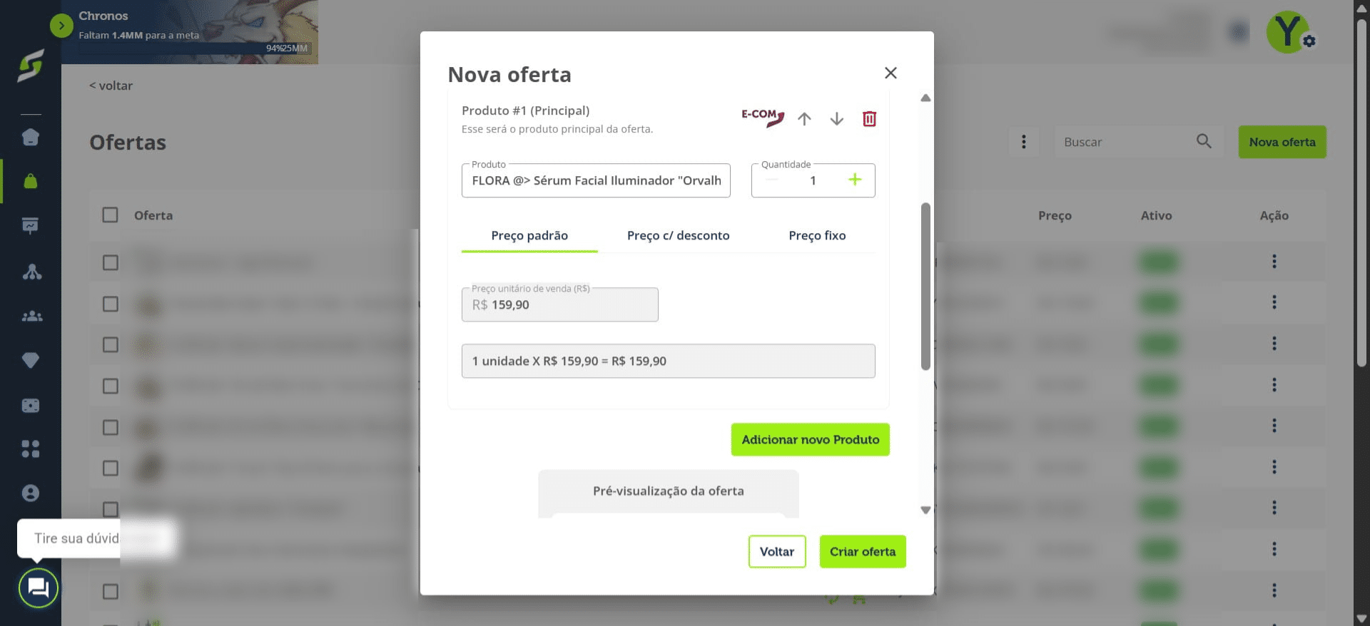 Abaixo do produto, você pode definir um preço com desconto ou um preço fixo.