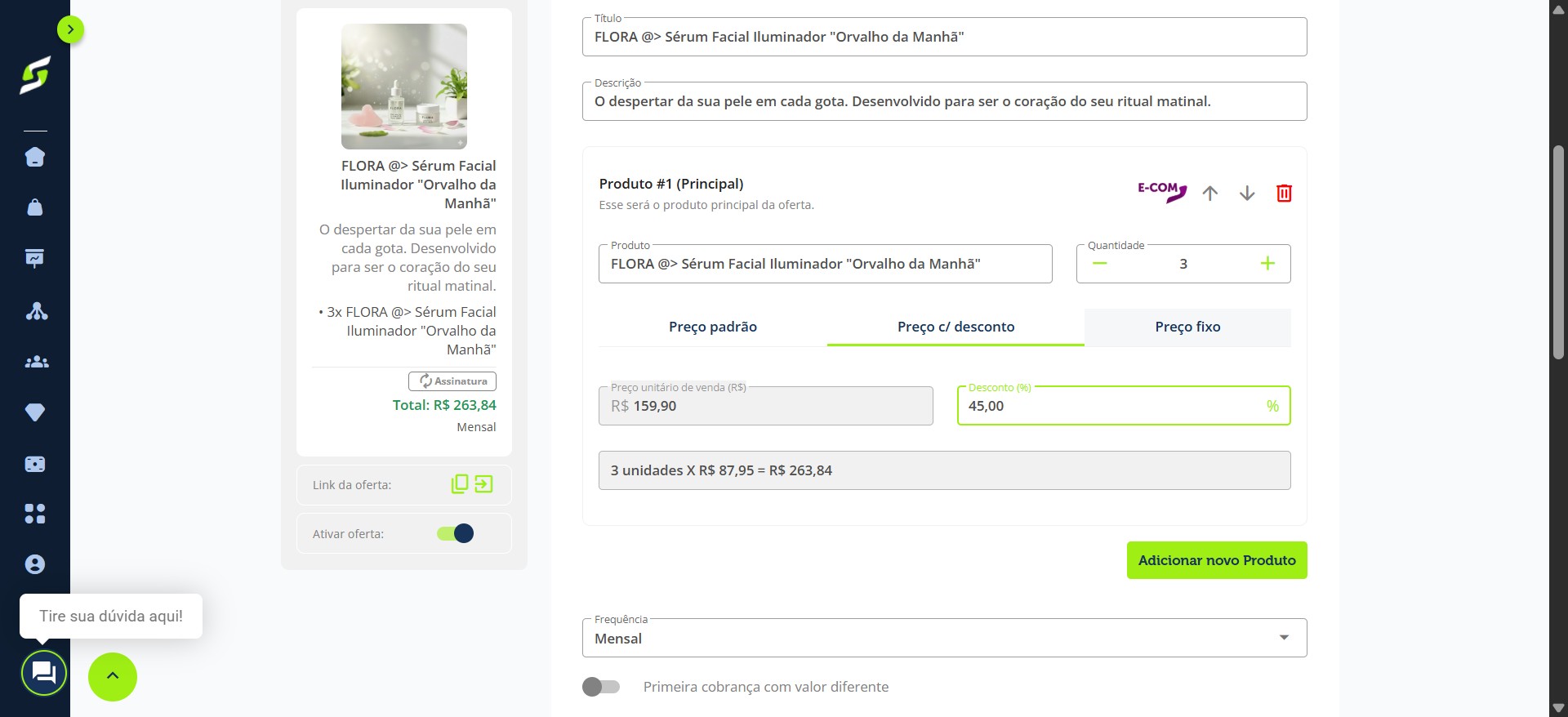 Adicione a descrição da oferta e, se quiser, aumente a quantidade do produto.