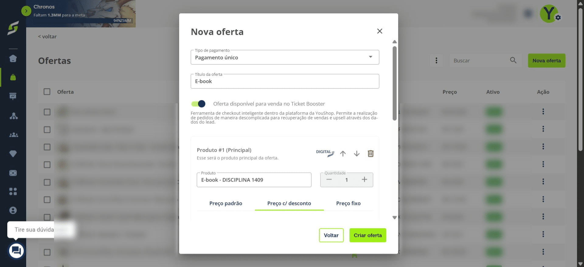 Selecione o tipo de pagamento como pagamento único, preencha o título, escolha o produto e defina a quantidade.