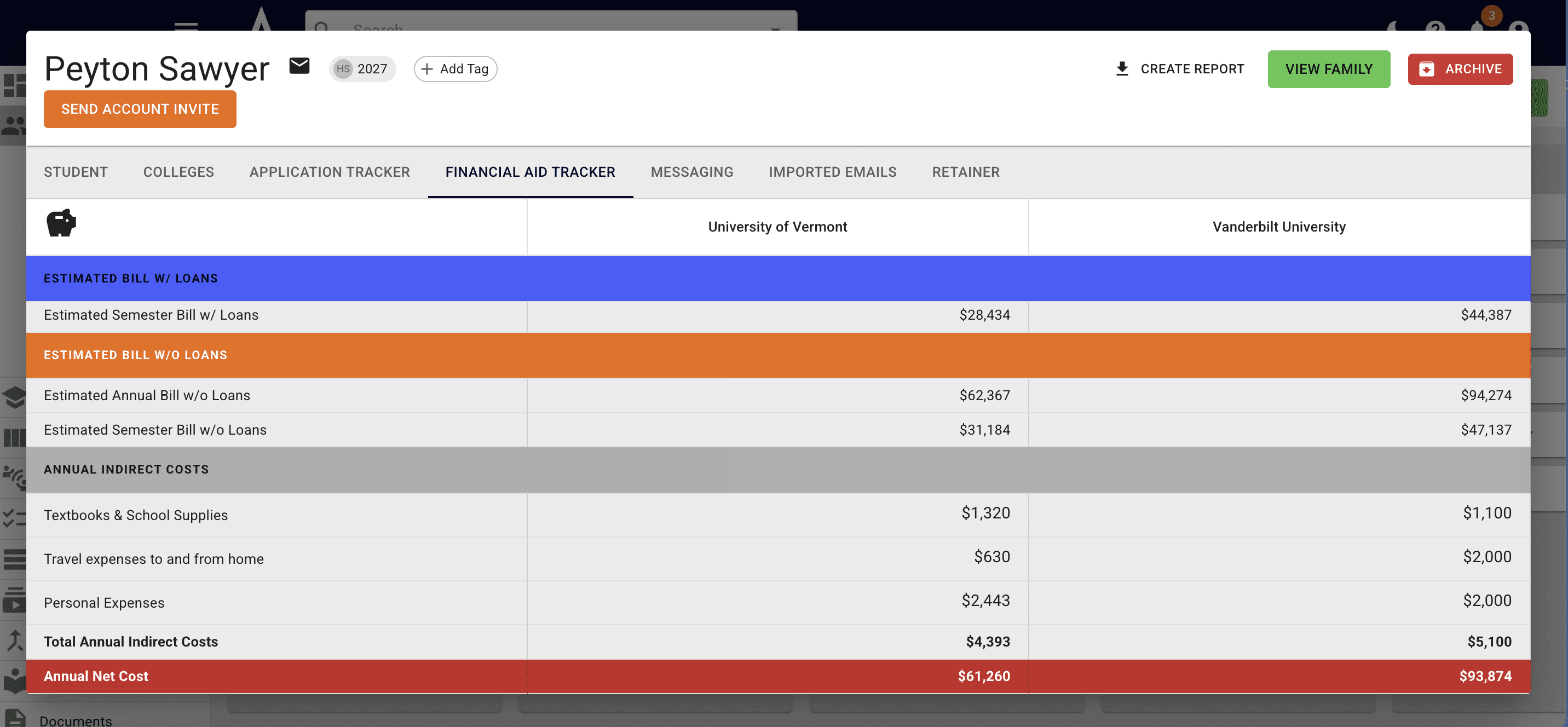 Once you've added all the necessary information, but you and your student can compare **net costs f**or each school. 