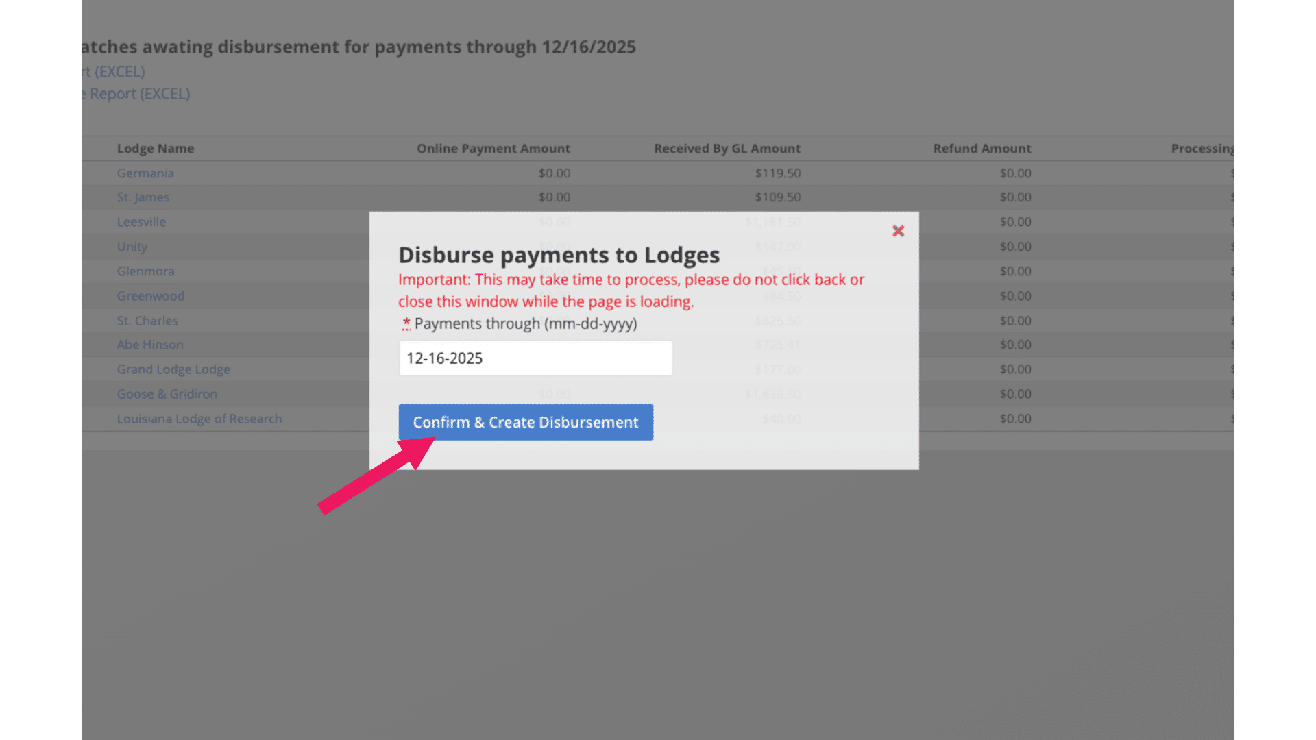 Confirm and create disbursements