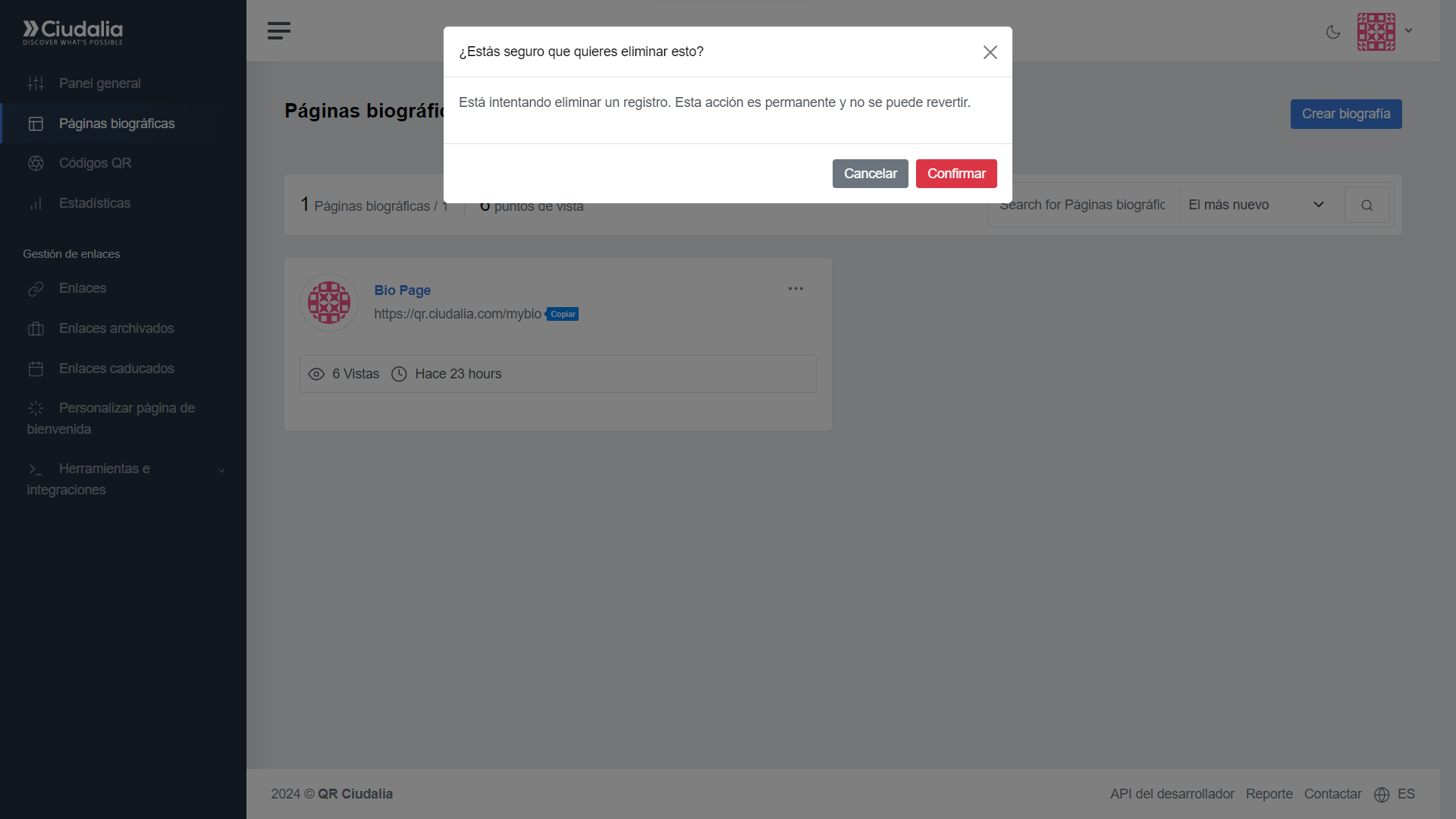 Haz click en el botón de "**Confirmar**" para eliminar definitivamente tu Biografía