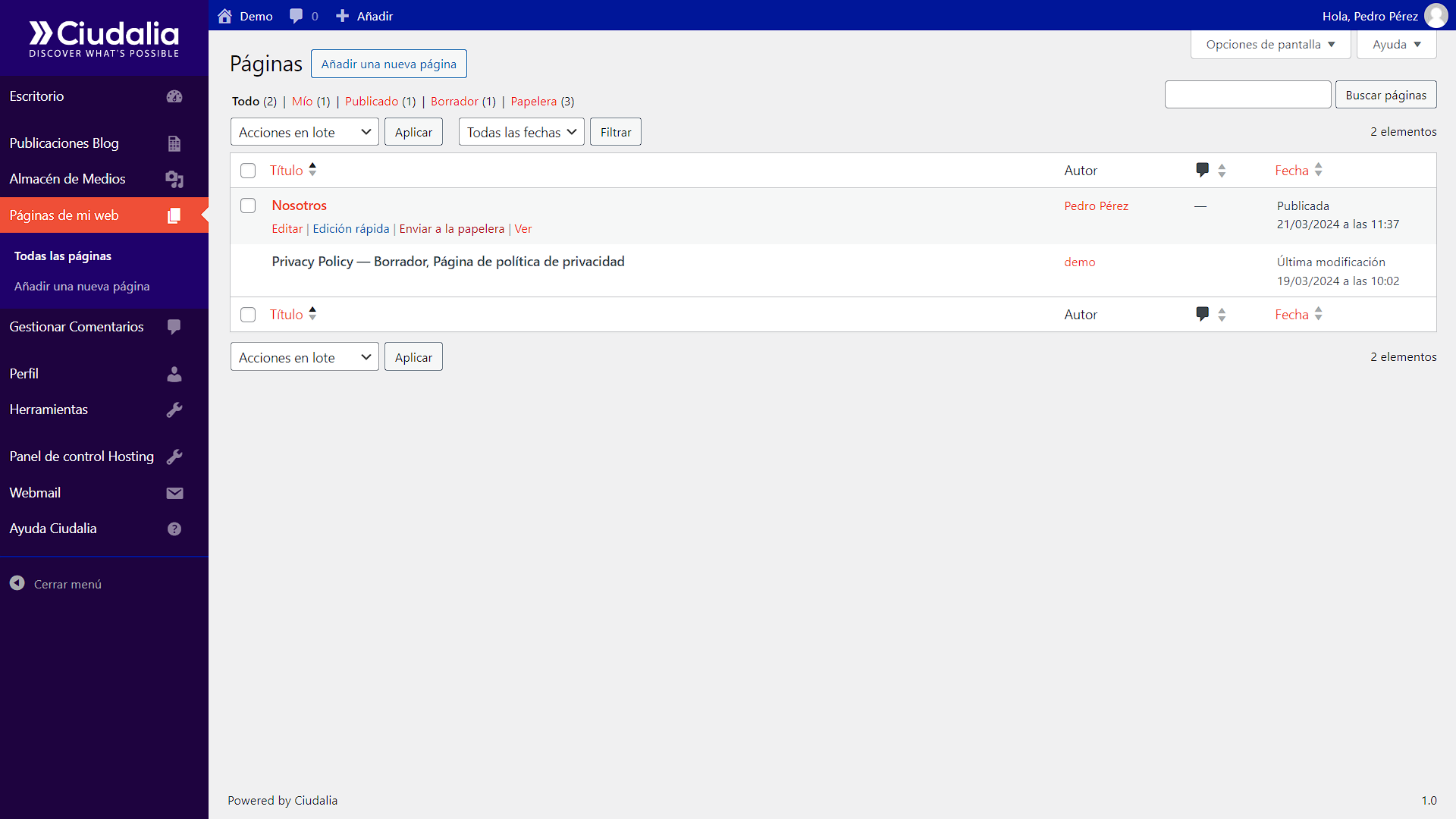Mantén el cursor sobre la página que deseas borrar y pulsa el botón de "Enviar a la papelera"