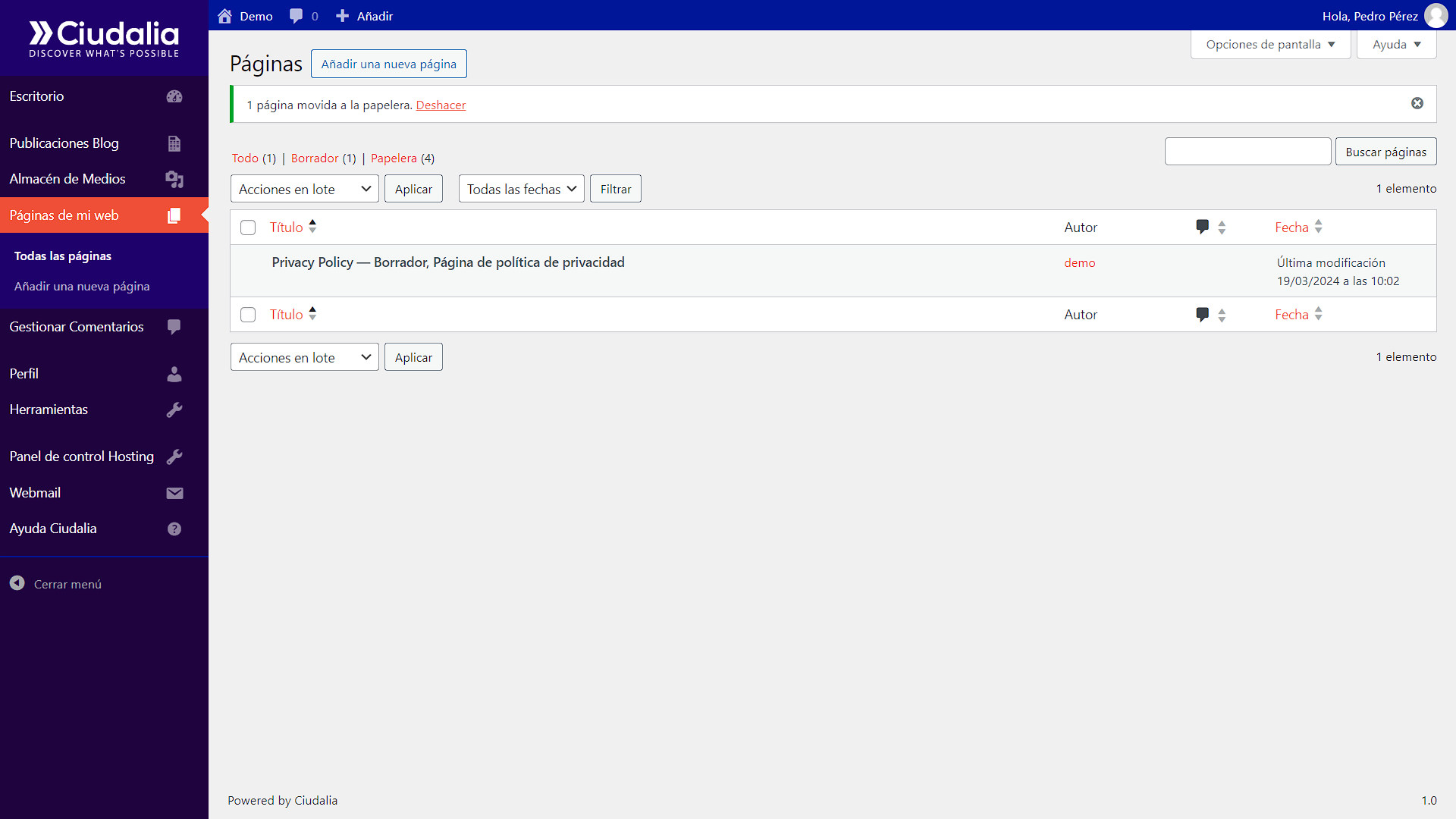 Notificará que 1 elemento se ha movido a la papelera, si deseas recuperarlo, haz click en "Deshacer"