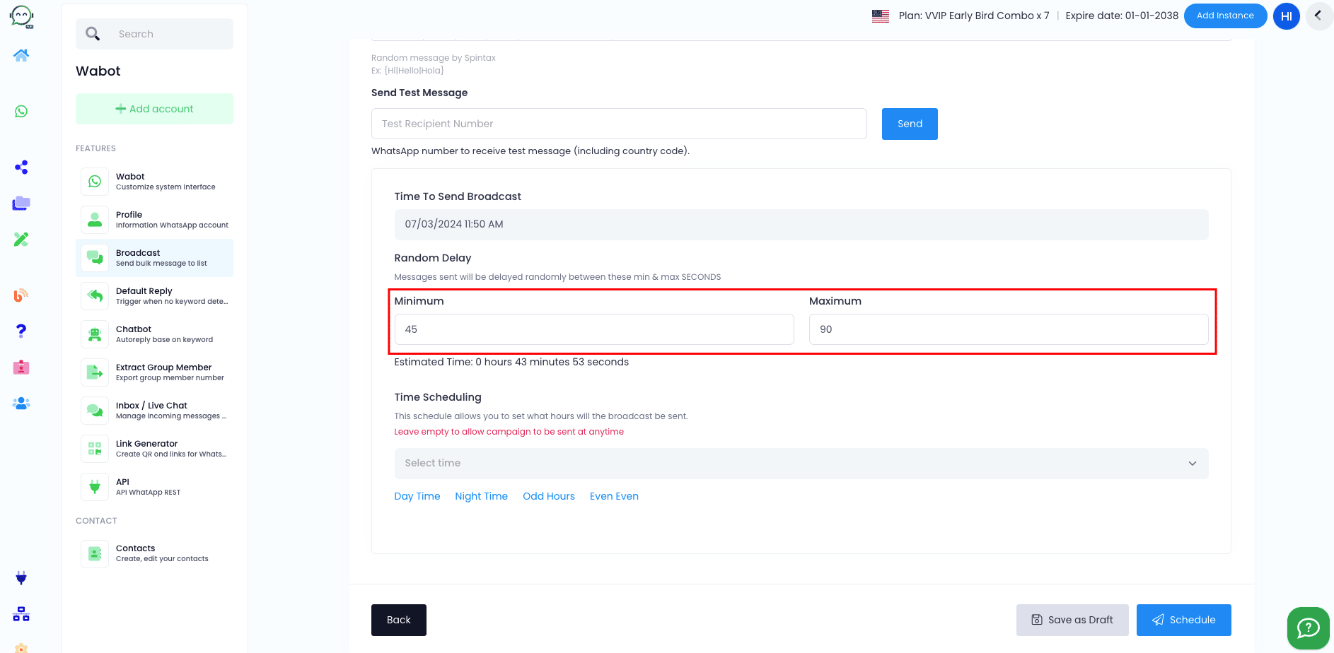 Avoid making the delay too short to prevent WhatsApp from thinking it's a robot. Use a delay between 45 to 90 seconds to begin and you can decrease it over time