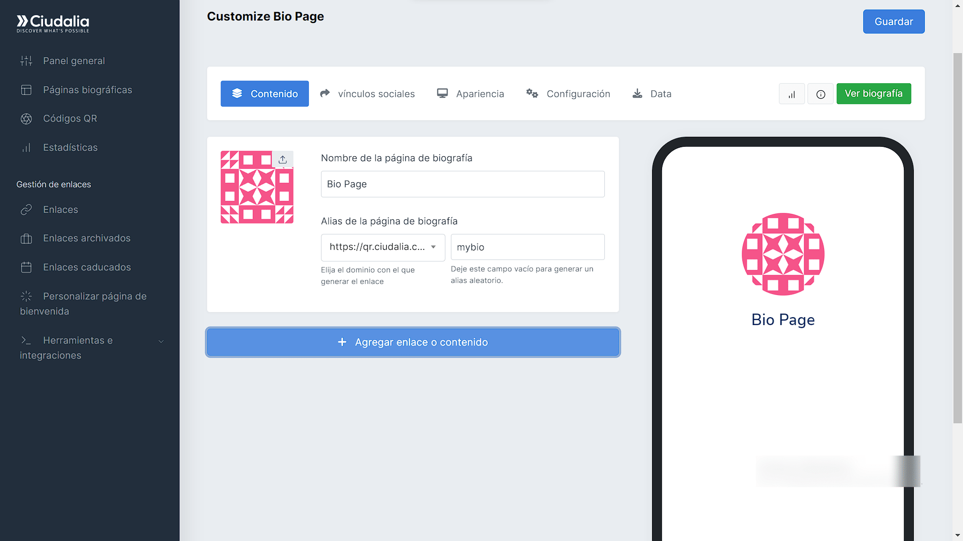 Agrega tus enlaces o contenido que necesites