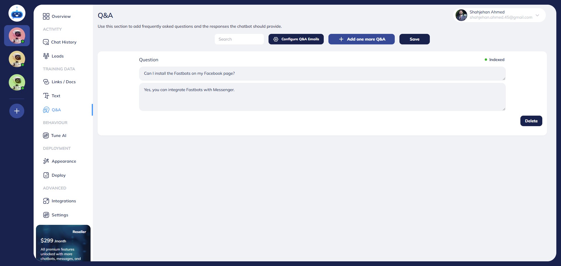 On this page, you can add the data in Question and Answer pairs. To add the data, click on the "Add one more Q&A" button.