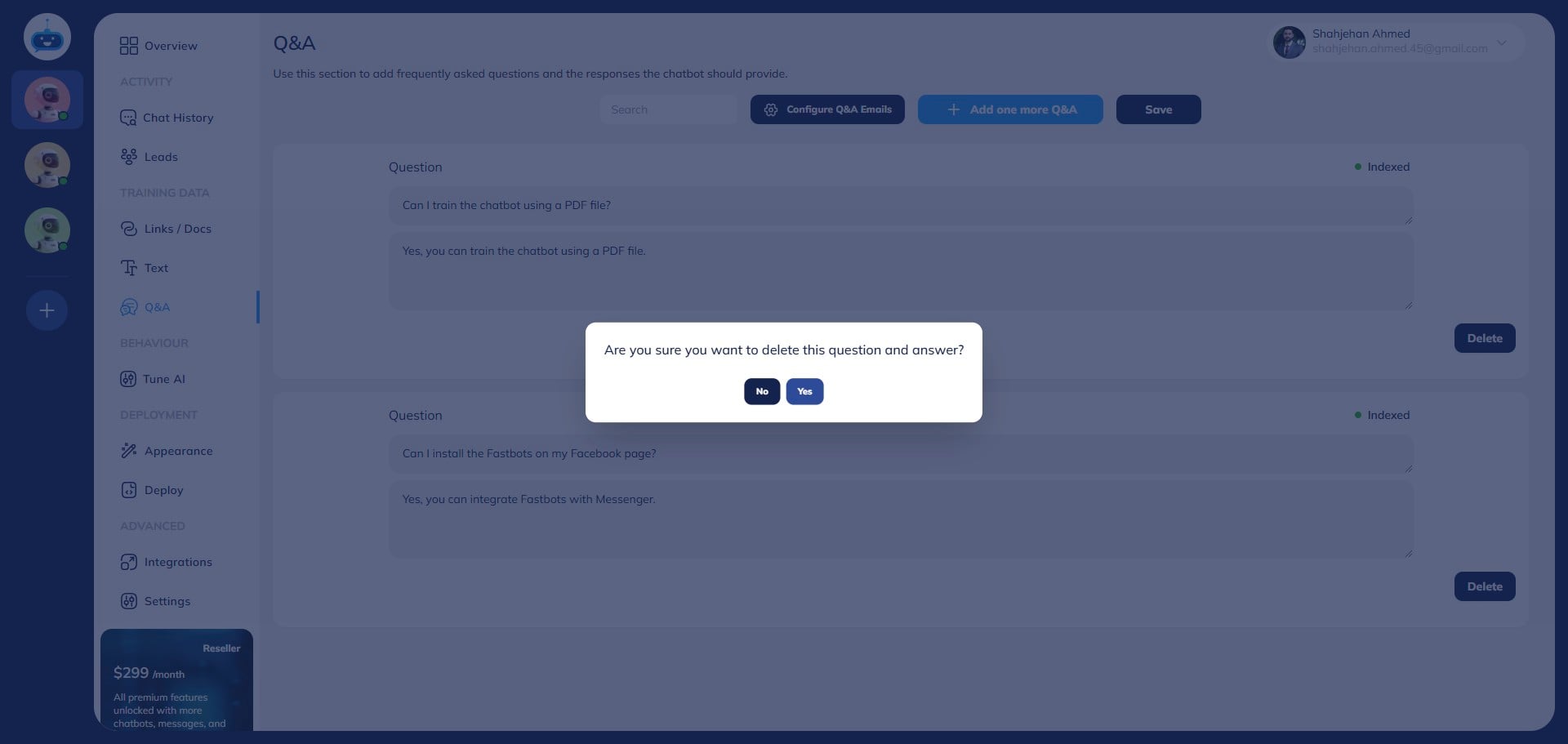 Click on the "Yes" button to delete.