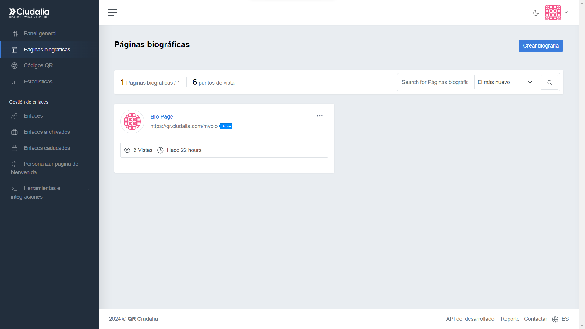 Selecciona la opción de "**Páginas biográficas**" en el menú