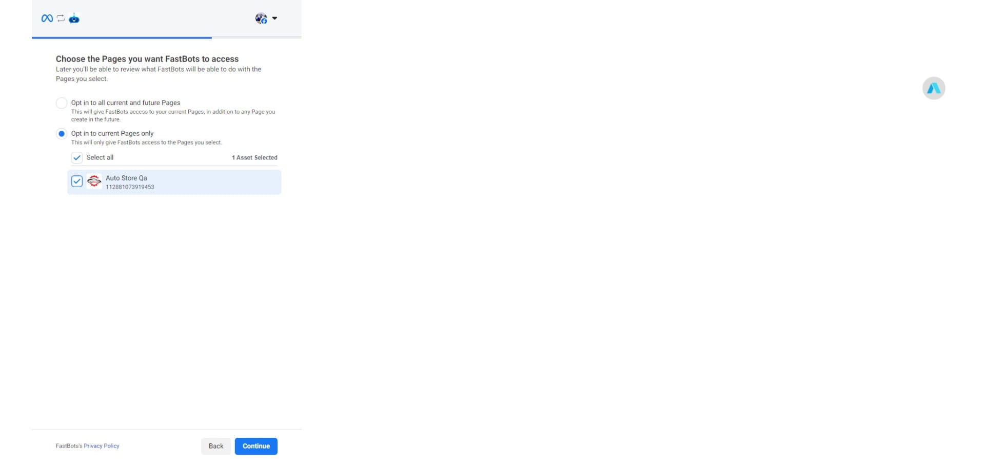 After selecting the Facebook page, click on "Continue"