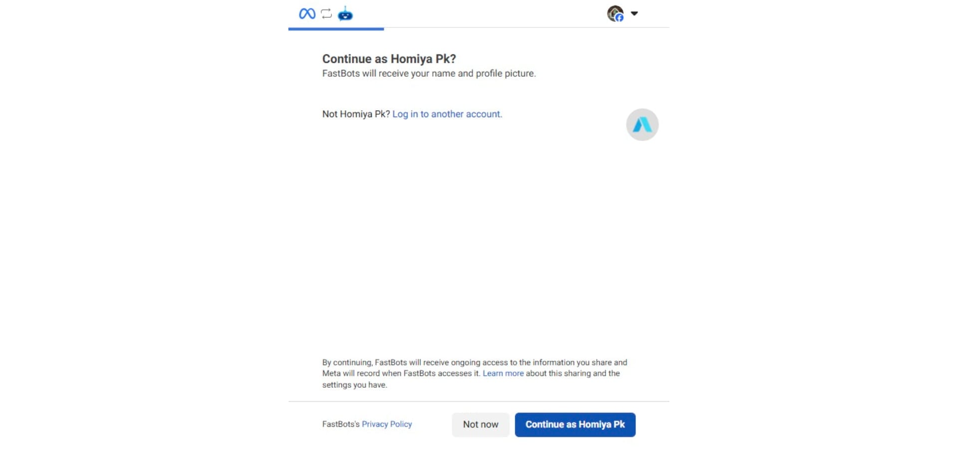 Click on the "Continue" button. If you are already logged into Facebook, log in to your Facebook account and then click on the Continue button.