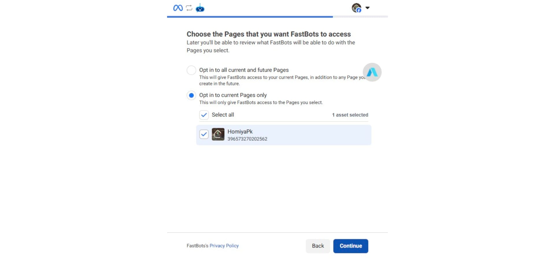 After selecting the Facebook page, click on "Continue"
