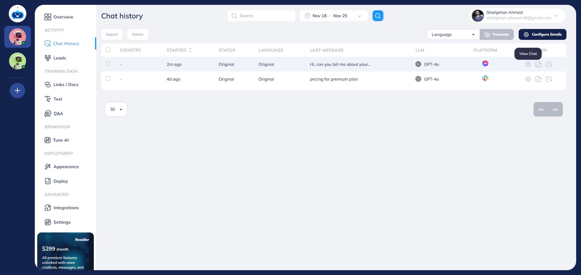 Click on the "View Chat" button to see the chat transcript.