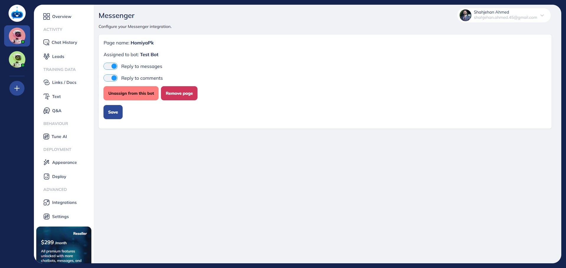 If you need to remove or unassign the chatbot from the Facebook page, just click on the "Unassign from this bot" or "Remove Page" button and hit save.