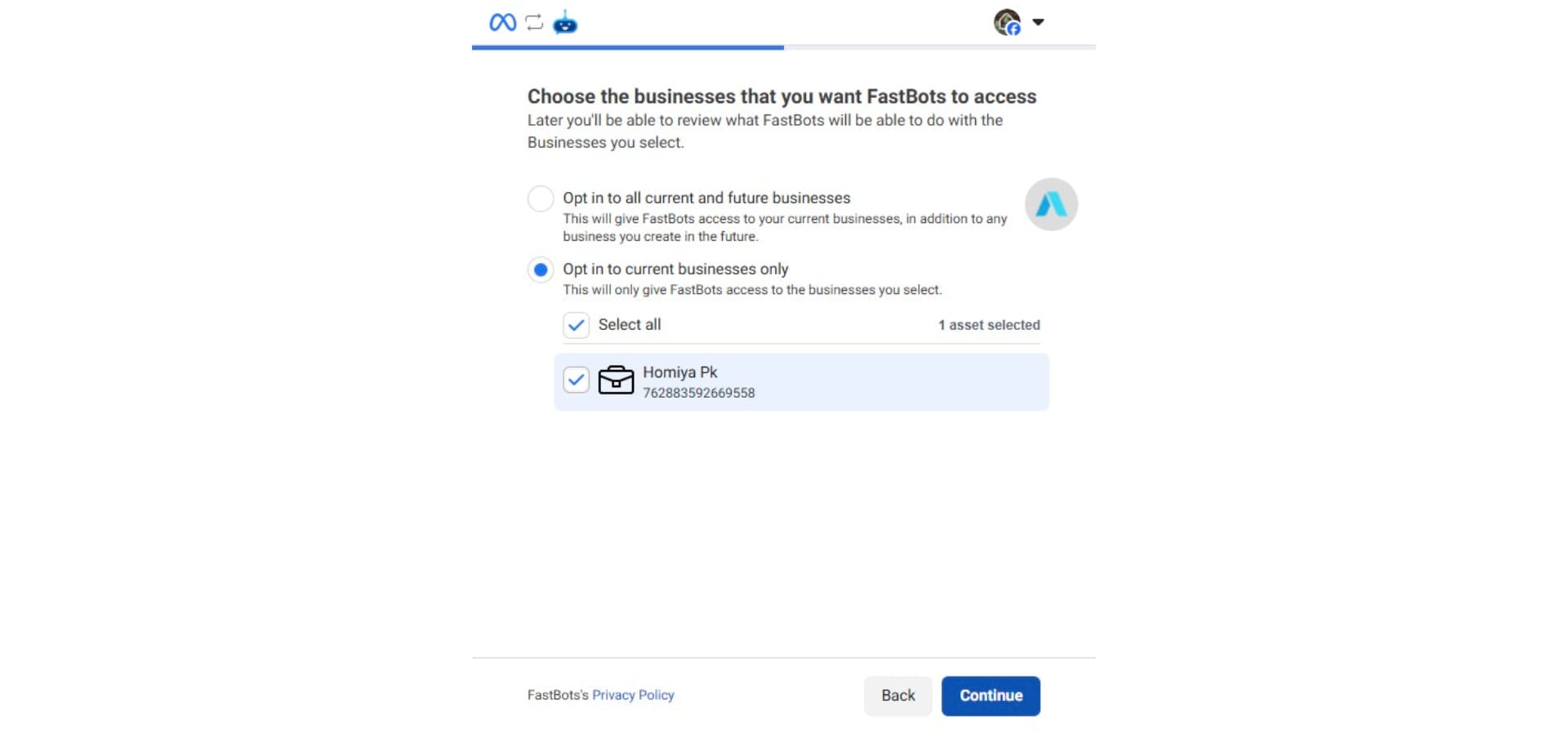 Select the page that you want to connect with Fastbots.