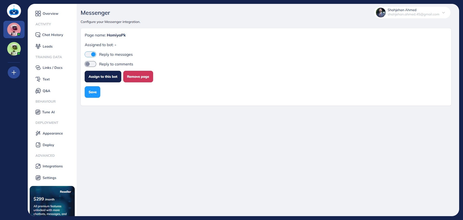 Turn the "Reply to messages" option on so the chatbot can reply to messages on the Facebook page. 