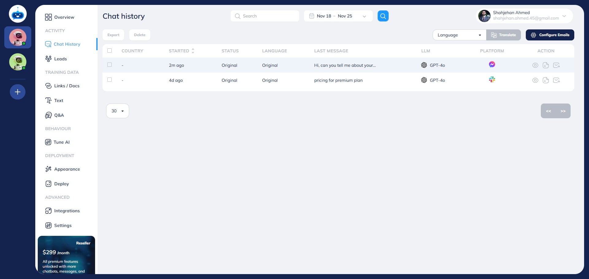 Once your chatbot is assigned to the Facebook page, it will begin responding to questions from users on Messenger. You can view the conversations either directly on Messenger or on the Chat History page in your Fastbots account.