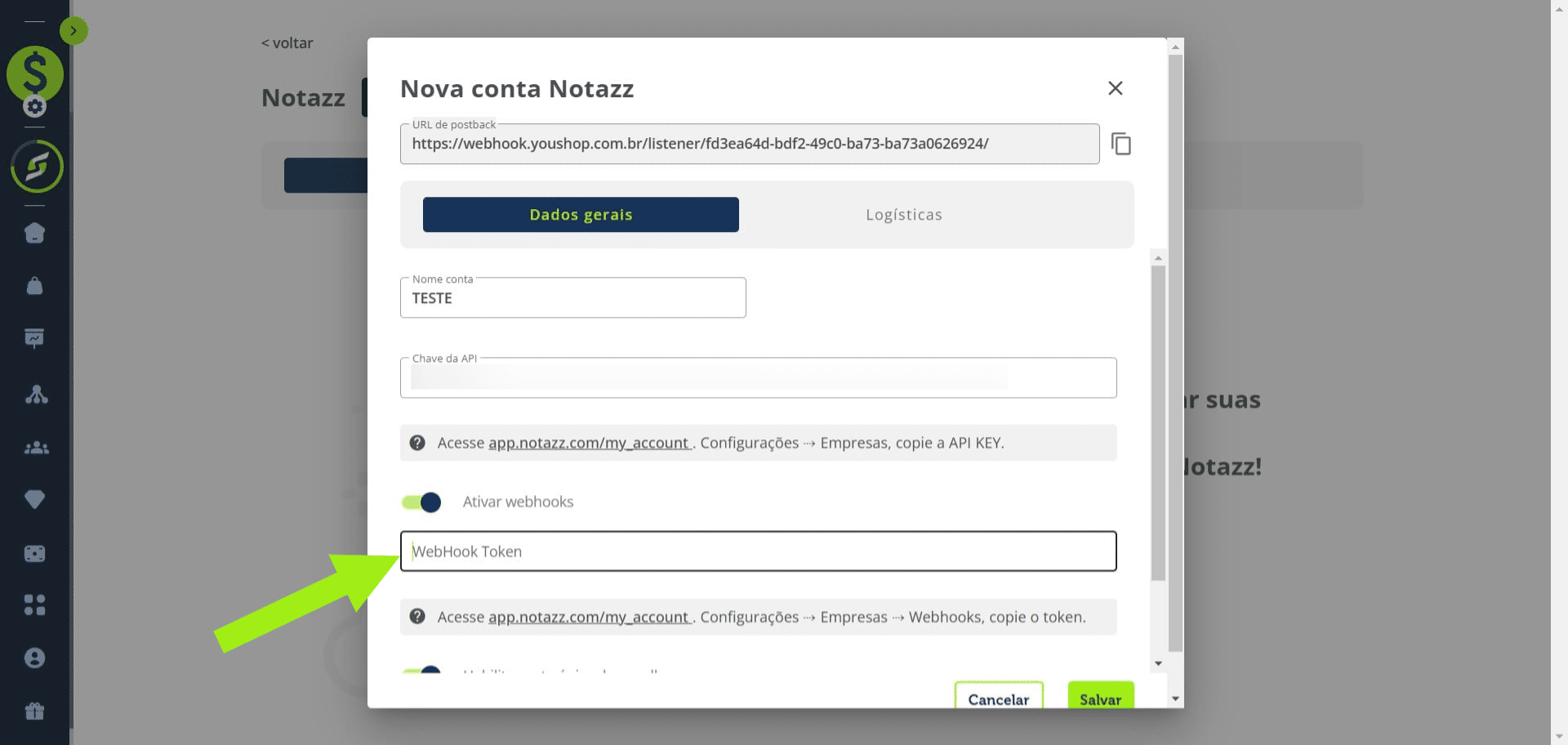 Volte e cole no campo "Webhook Token".