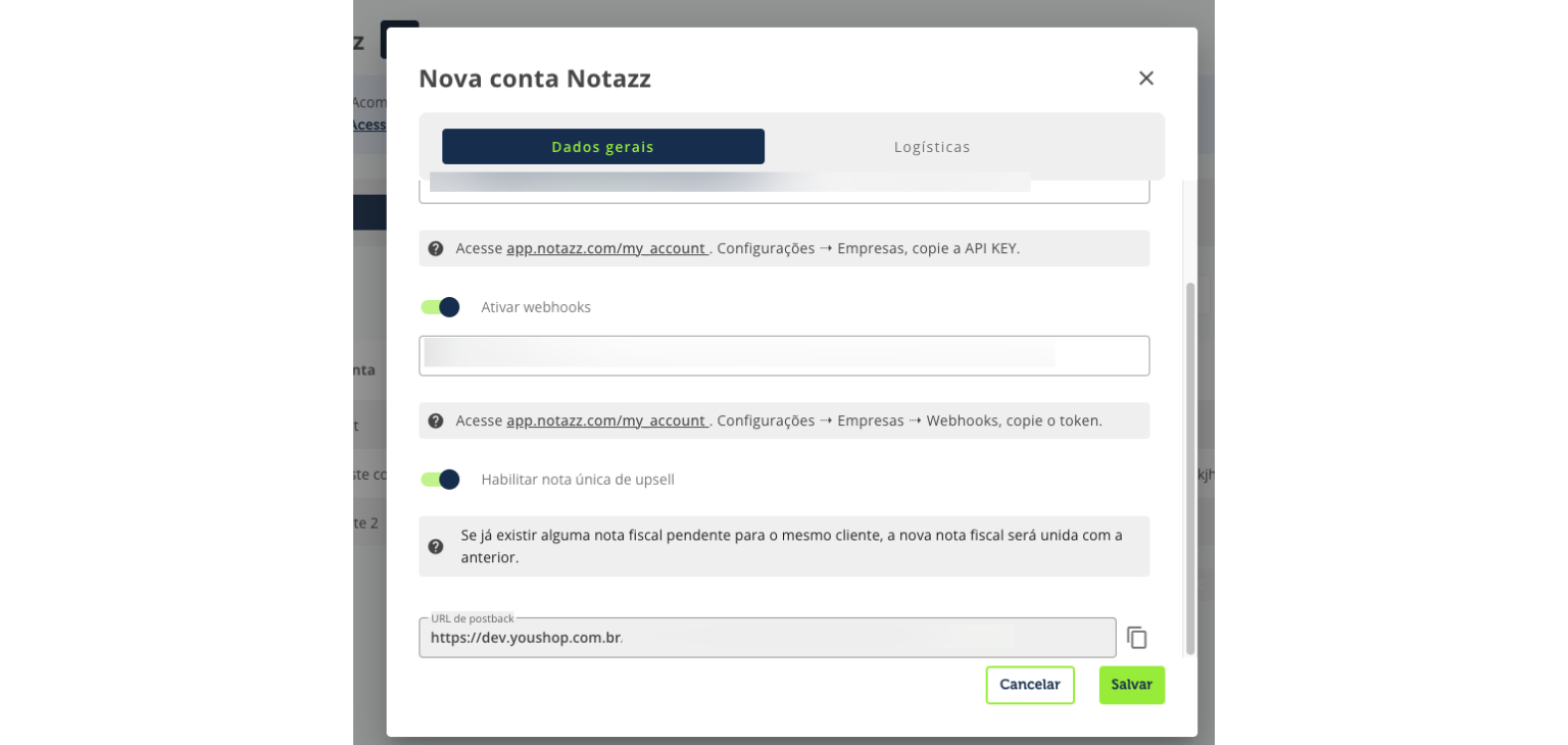 Copie a URL de postback.