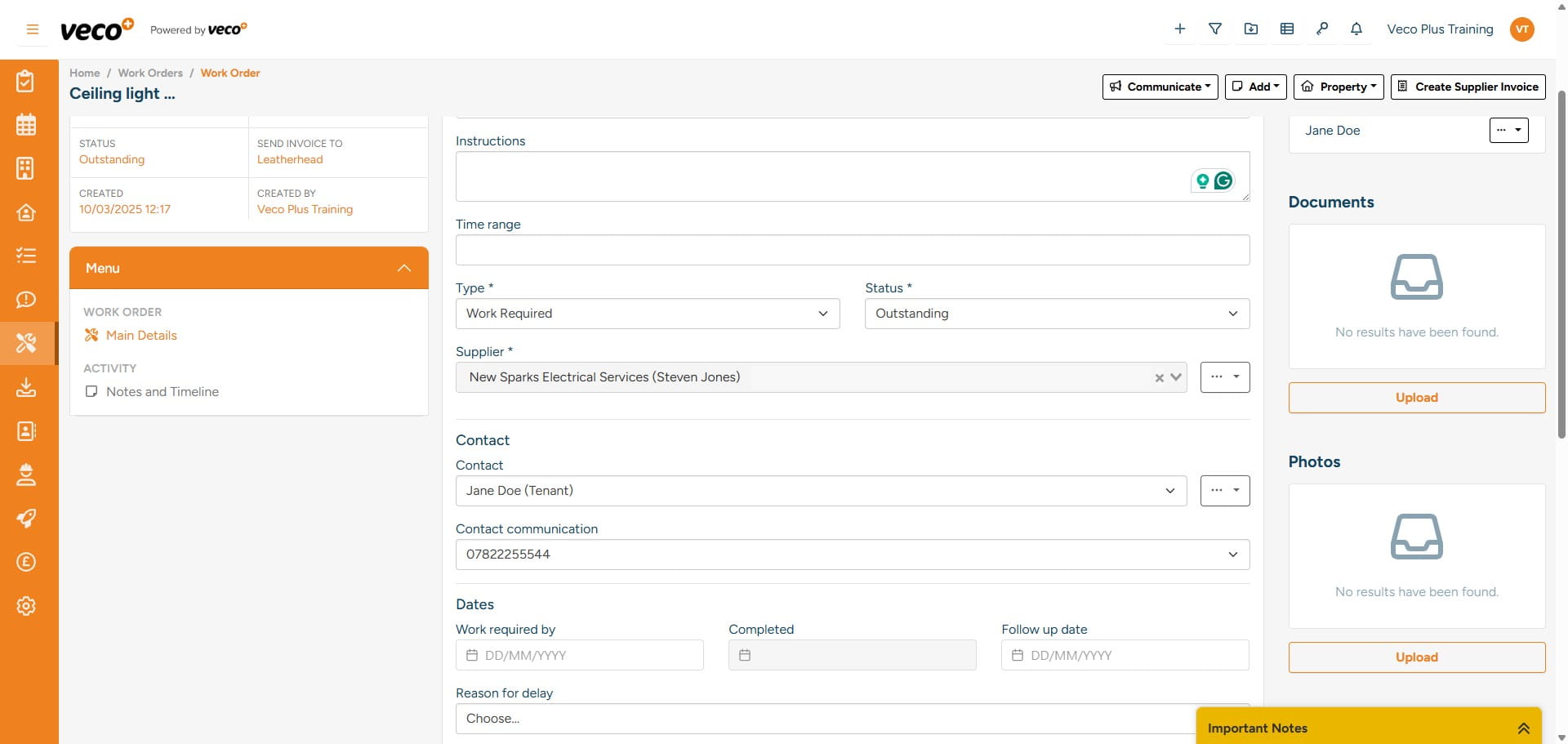 To add documents or photos, select ‘Upload’ on the right side of the ‘Work Order’
