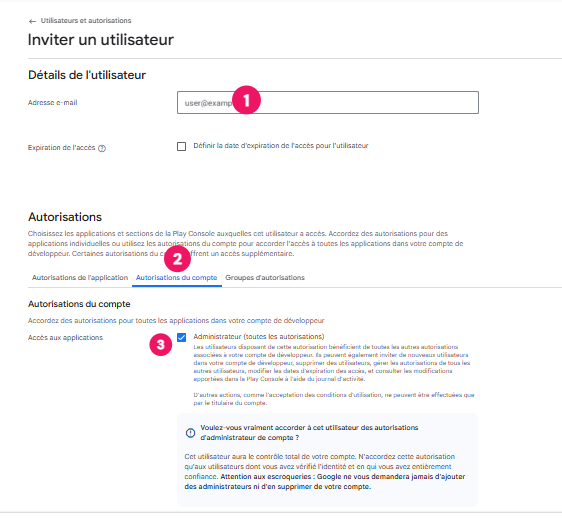 Complétez les informations de l’utilisateur à inviter avec l’adresse e-mail suivante : [admin@iterates.be](mailto:admin@iterates.be)
‎
Puis attribuez les rôles nécessaires à l’équipe Iterates en sélectionnant le rôle "Administrateurs".